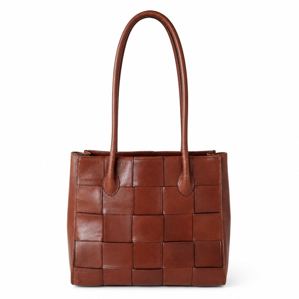 Paradox Brown Leather Woven Shoulder Bag Tote Purse Minimalist Classic